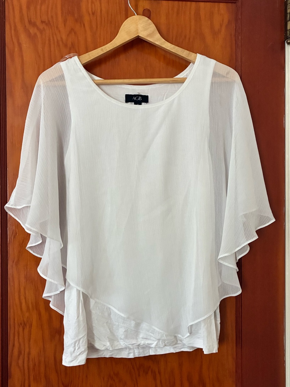 AGB Sheer White Top with Black Logo Tag MEDIUM Polyester RAYON Spandex EUC